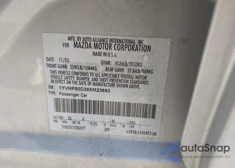 2006 Mazda Mazda6 I Grand Sport from USA, damaged, VIN 1YVHP80D365M23693